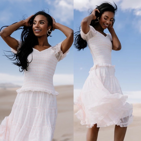 Rachel Parcell Pink Gingham Chiffon Sheer Puff Sleeve Top and Tiered Skirt Set - Picture 1 of 8